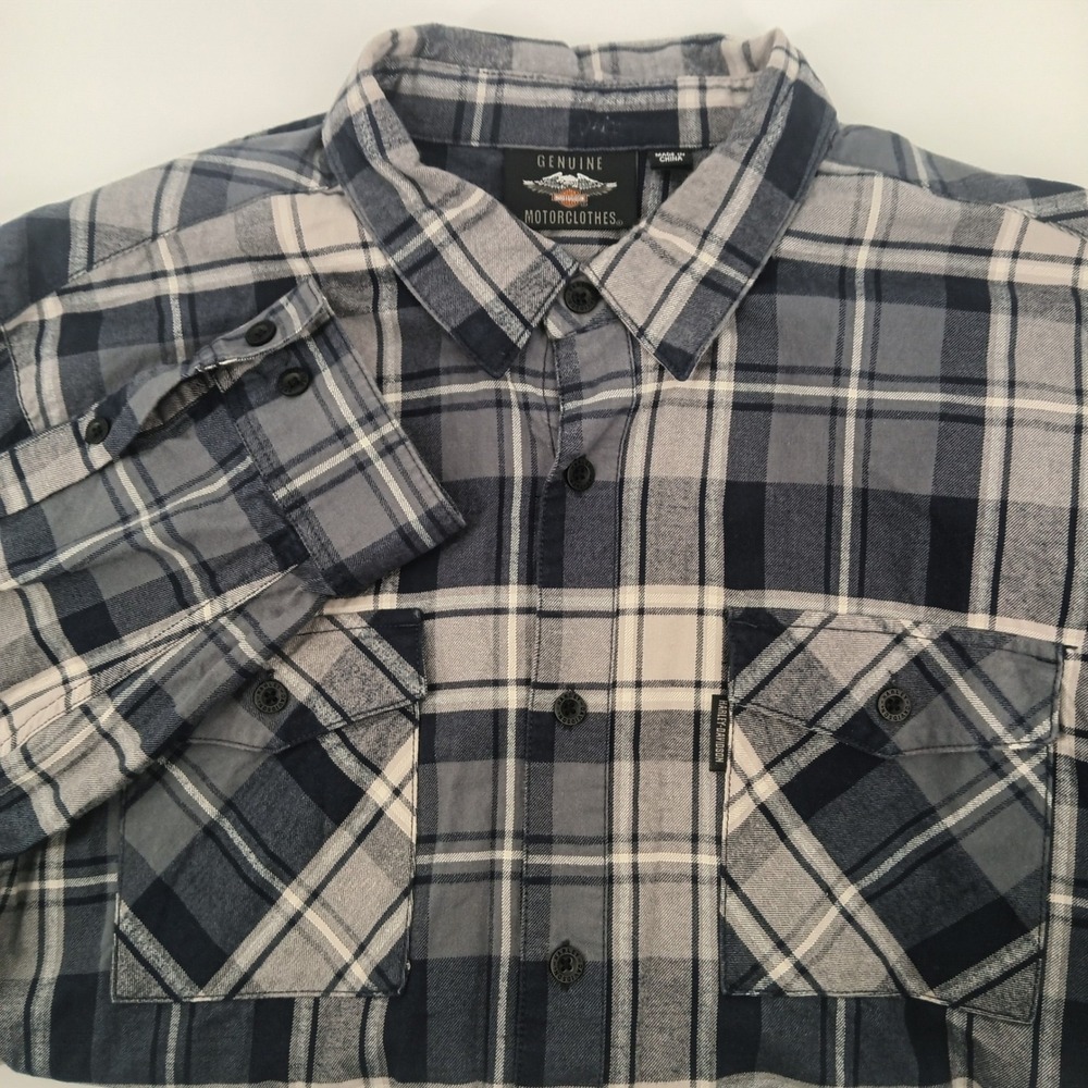 Harley-Davidson Mens Plaid Button Down Shirt Blue Grey L/S Sz.XL Snap Collar